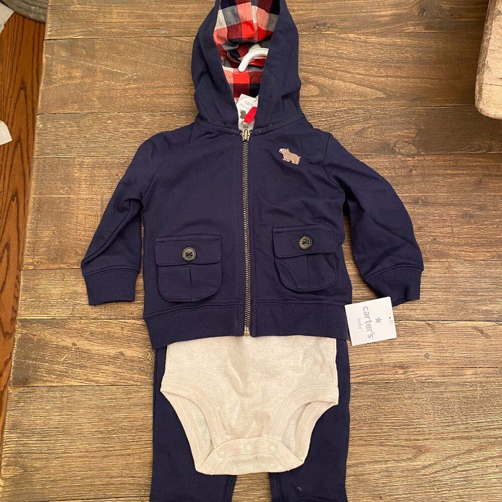 Carter's Sweatshirt Onesie Pants Three Piece 9 Months NWT Hooded Full Zip